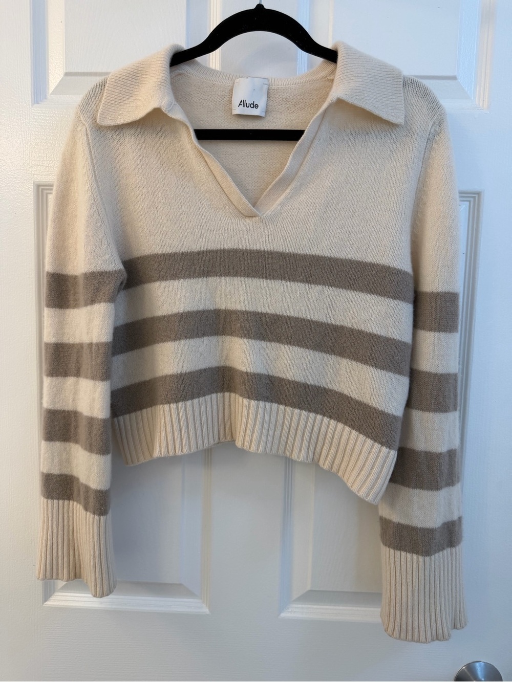 Allude Virgin Wool Cashmere Striped Johnny Collar Sweater Medium